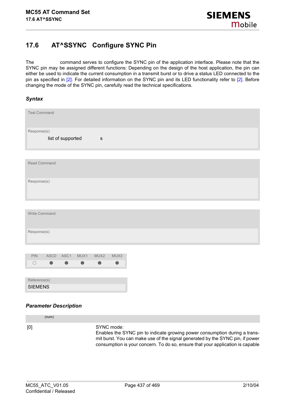 6 at^ssync configure sync pin, At^ssync, Obile | Mc55 at command set | Siemens MC55 User Manual | Page 437 / 469