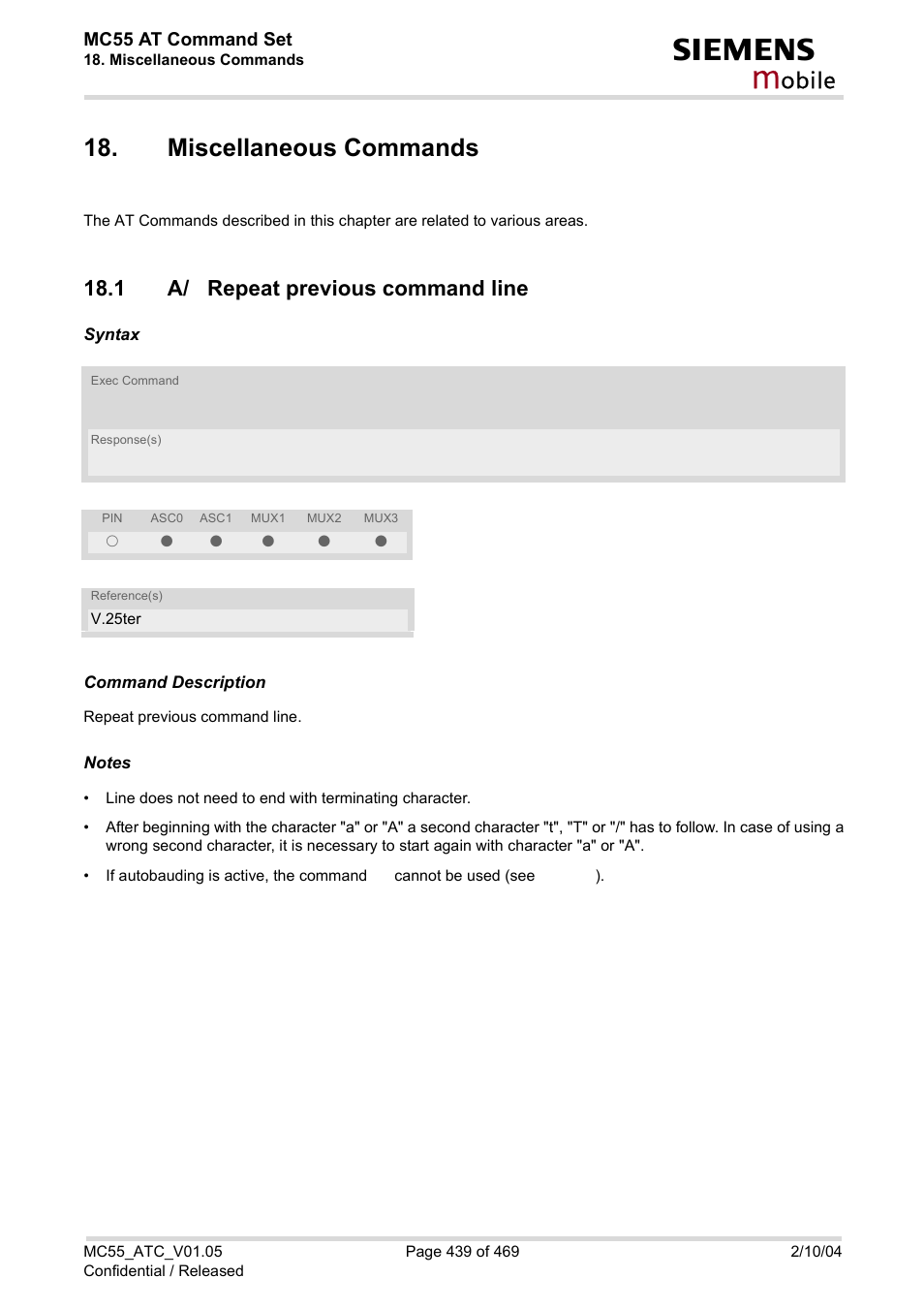 Miscellaneous commands, 1 a/ repeat previous command line, Obile | Siemens MC55 User Manual | Page 439 / 469