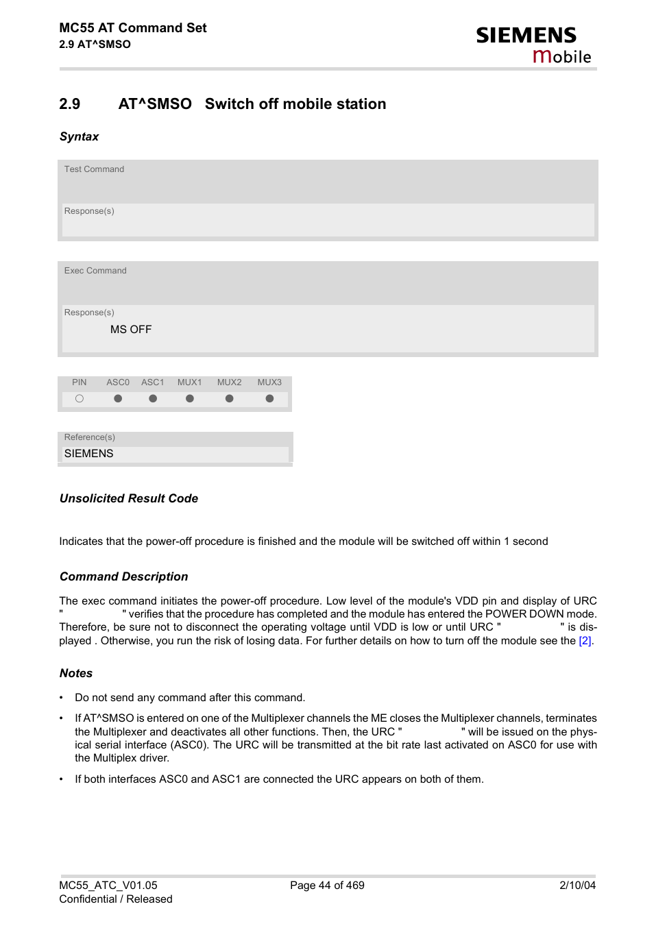 9 at^smso switch off mobile station, At^smso switch off mobile station, Shutdown | Obile | Siemens MC55 User Manual | Page 44 / 469