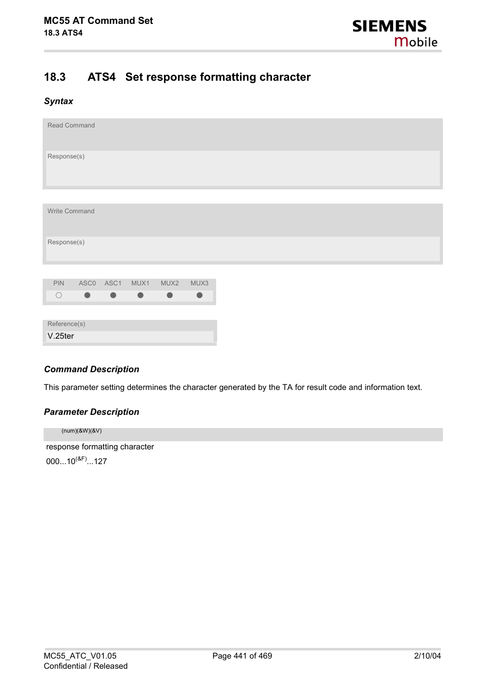 3 ats4 set response formatting character, Ats4, Obile | Siemens MC55 User Manual | Page 441 / 469