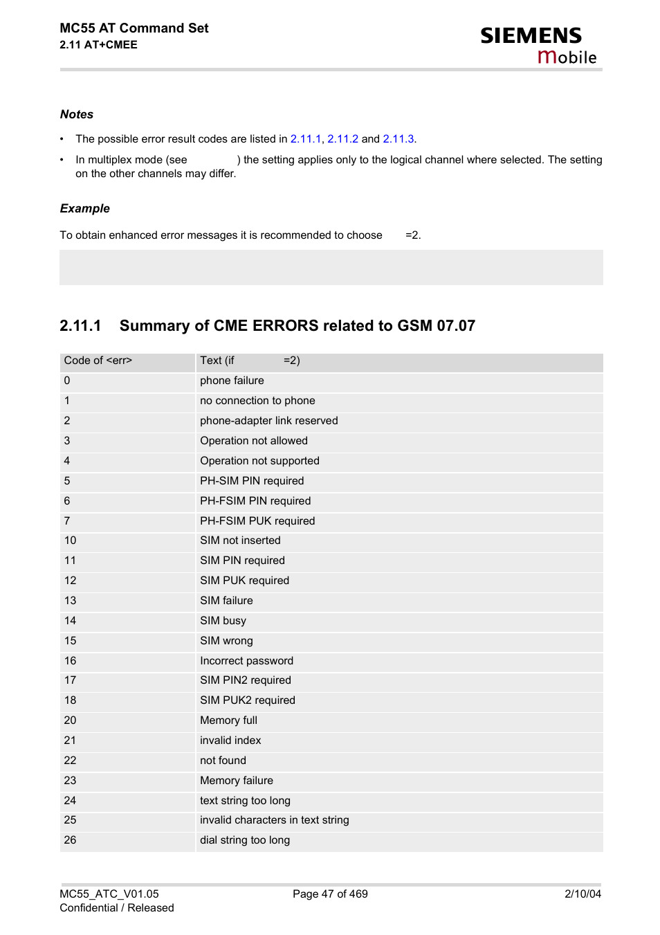 1 summary of cme errors related to gsm 07.07, Obile | Siemens MC55 User Manual | Page 47 / 469