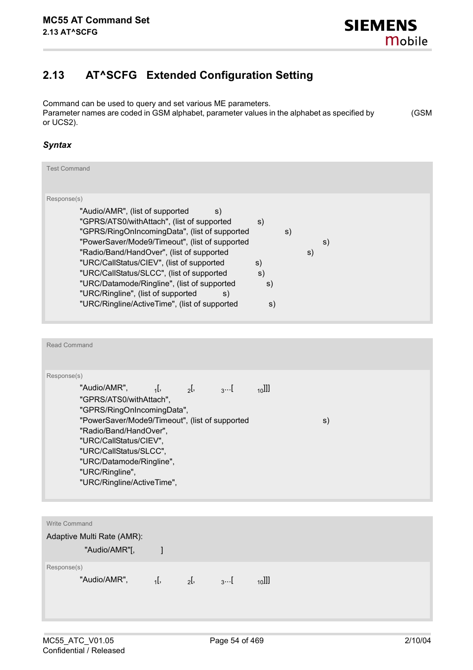 13 at^scfg extended configuration setting, At^scfg, Obile | Mc55 at command set | Siemens MC55 User Manual | Page 54 / 469