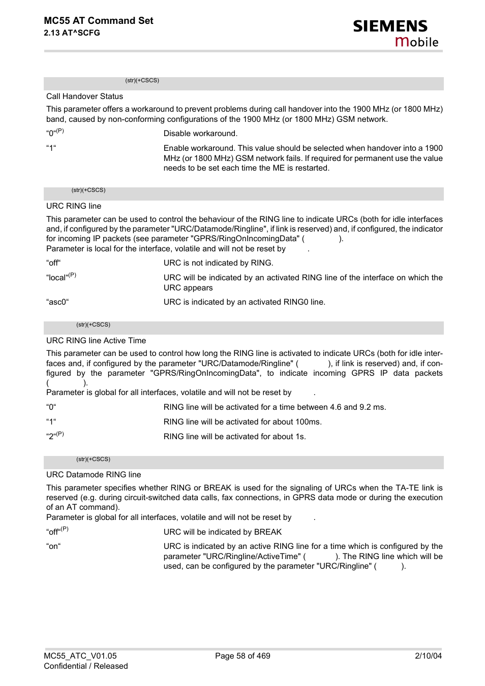 Handoverstatus, Udri, Urat | Obile, Mc55 at command set | Siemens MC55 User Manual | Page 58 / 469