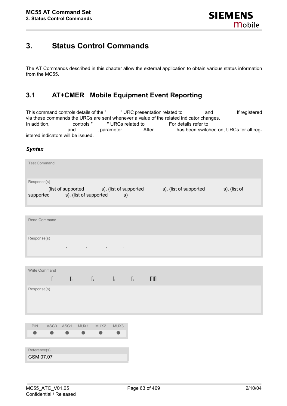 Status control commands, 1 at+cmer mobile equipment event reporting, At+cmer mobile equipment event reporting | At+cmer, Obile, Mc55 at command set | Siemens MC55 User Manual | Page 63 / 469