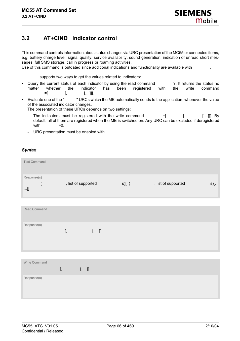 2 at+cind indicator control, At+cind indicator control, At+cind | Obile | Siemens MC55 User Manual | Page 66 / 469