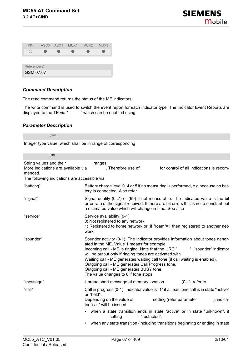 Inddescr, Indvalue, Obile | Mc55 at command set | Siemens MC55 User Manual | Page 67 / 469