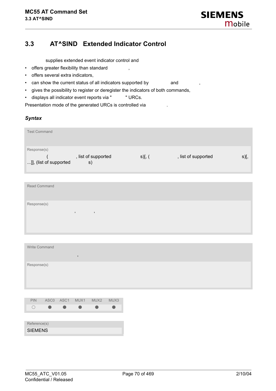 3 at^sind extended indicator control, At^sind extended indicator control, At^sind | Obile, Mc55 at command set | Siemens MC55 User Manual | Page 70 / 469