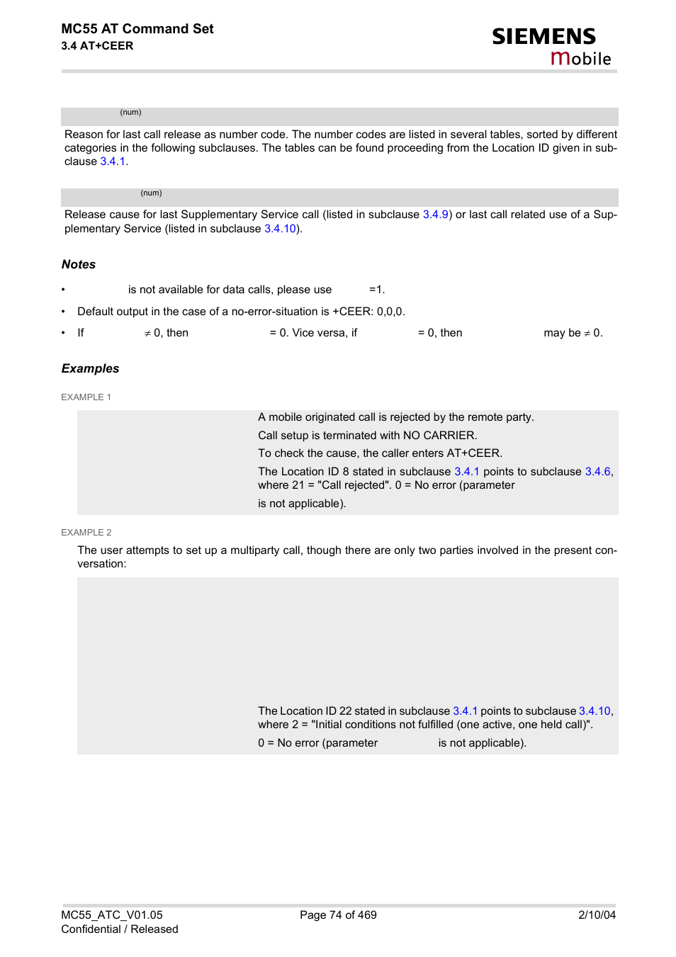 Reason, Ssrelease, Obile | Mc55 at command set | Siemens MC55 User Manual | Page 74 / 469