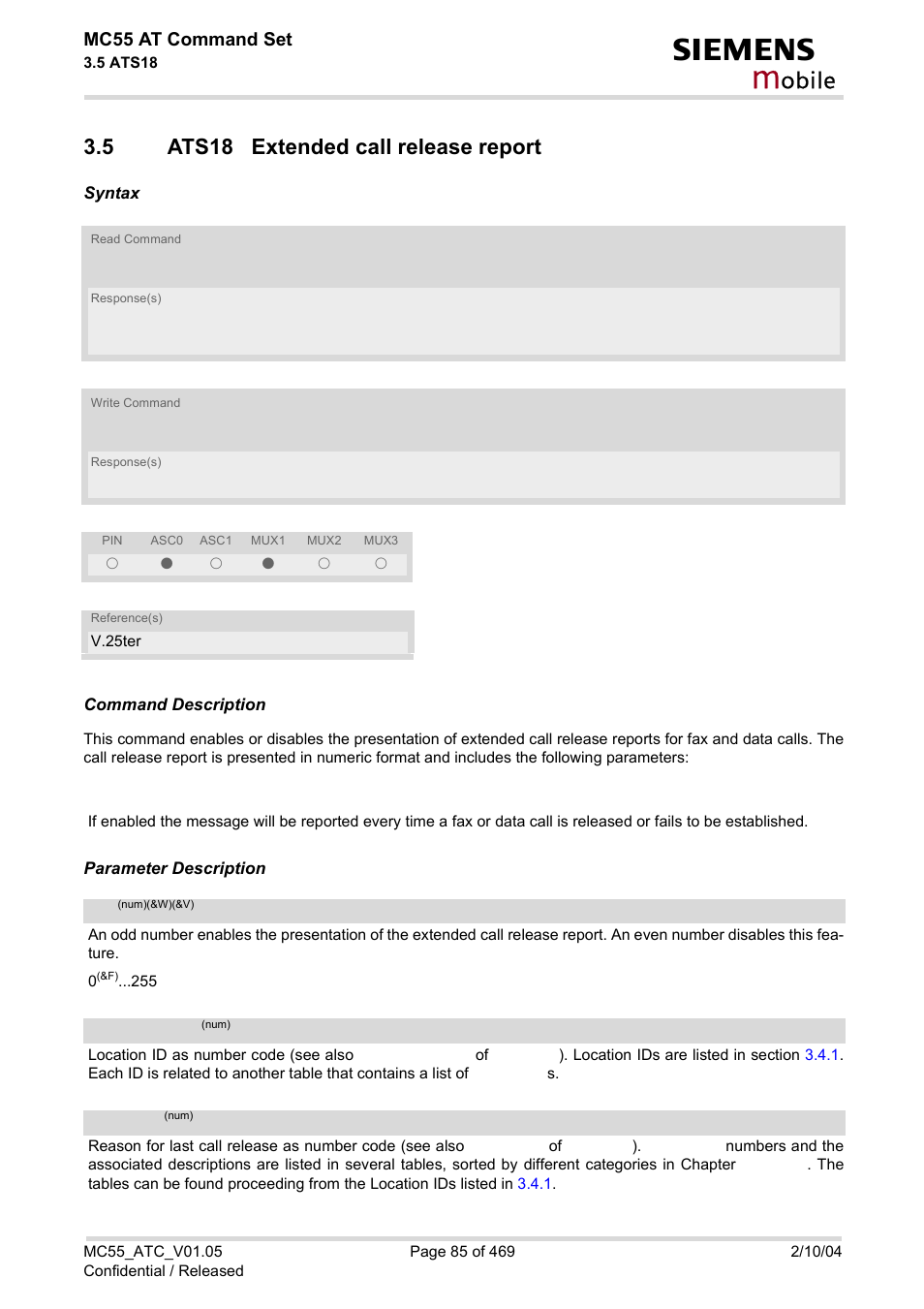 5 ats18 extended call release report, Ats18 extended call release report, Ats18 | Obile, Mc55 at command set | Siemens MC55 User Manual | Page 85 / 469