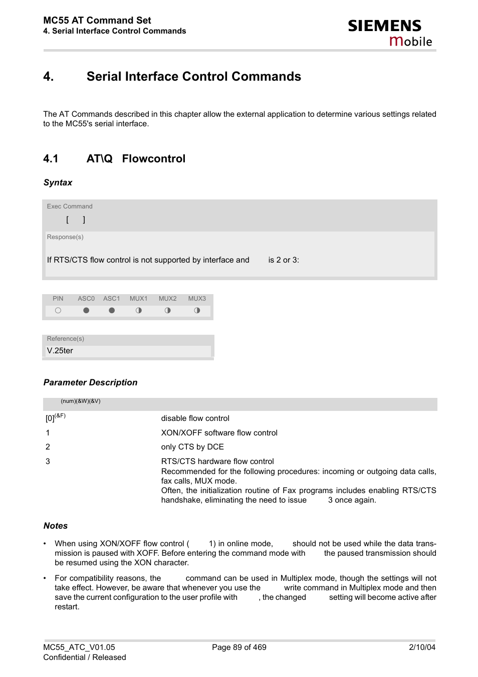 Serial interface control commands, 1 at\q flowcontrol, At\q flowcontrol | At\q, 0 wh, Obile | Siemens MC55 User Manual | Page 89 / 469