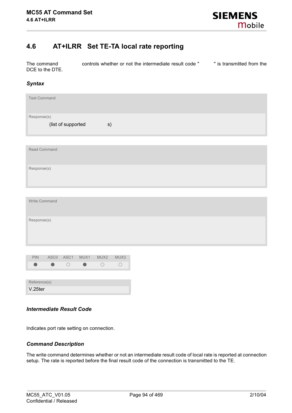 6 at+ilrr set te-ta local rate reporting, At+ilrr set te-ta local rate reporting, Obile | Mc55 at command set | Siemens MC55 User Manual | Page 94 / 469