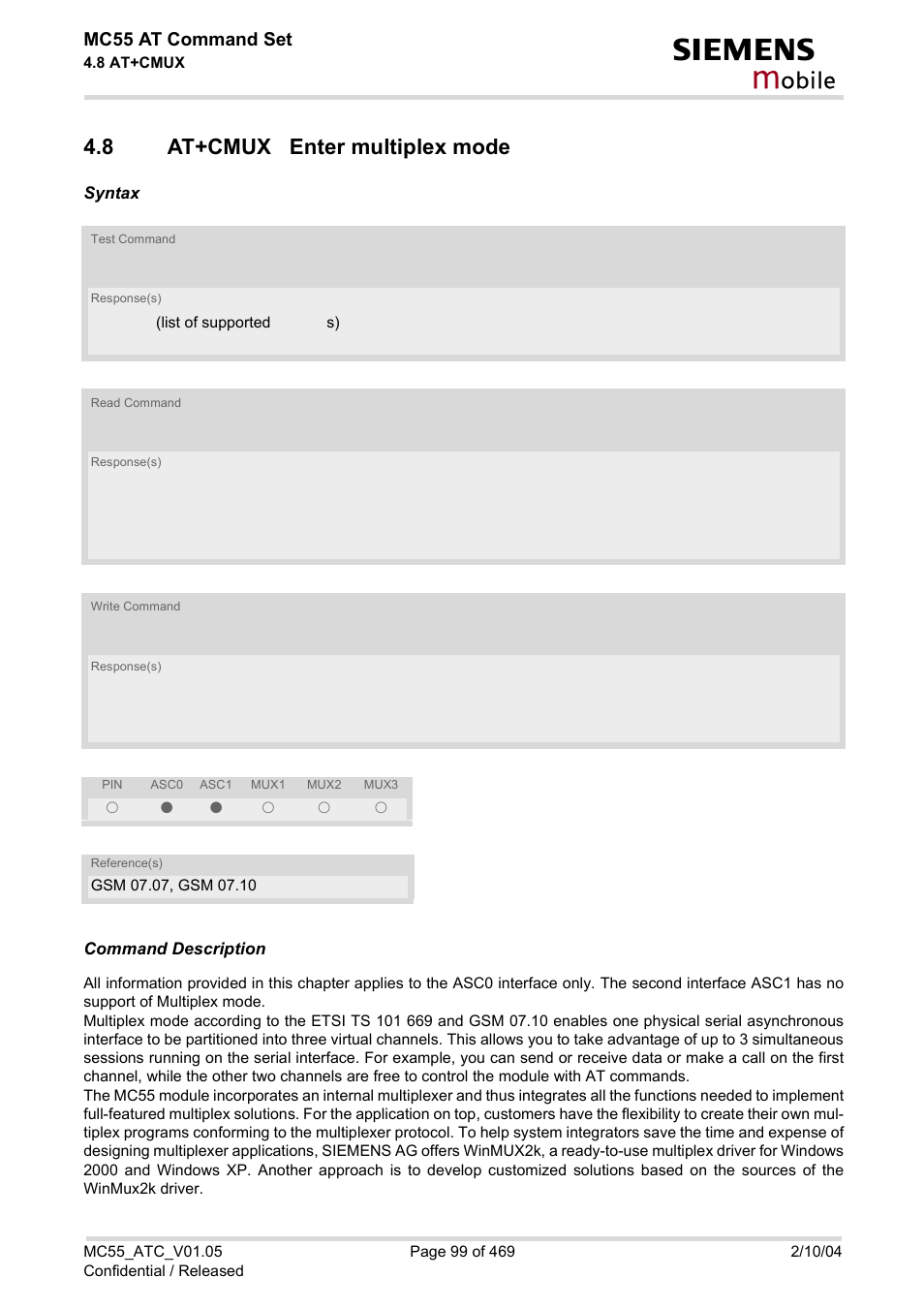 8 at+cmux enter multiplex mode, At+cmux enter multiplex mode, At+cmux | Obile | Siemens MC55 User Manual | Page 99 / 469