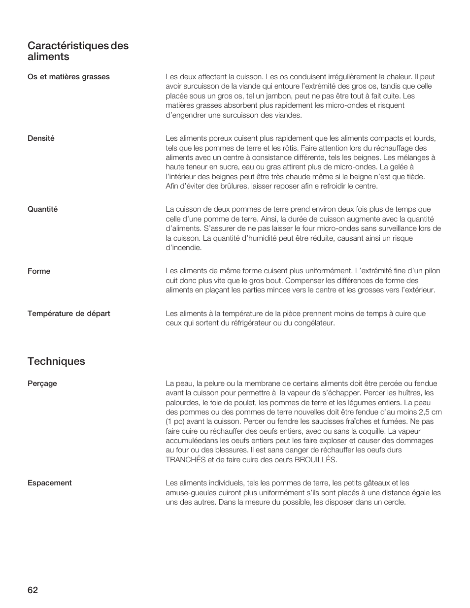 Caractéristiques des aliments, Techniques | Siemens HF35M630 User Manual | Page 62 / 124