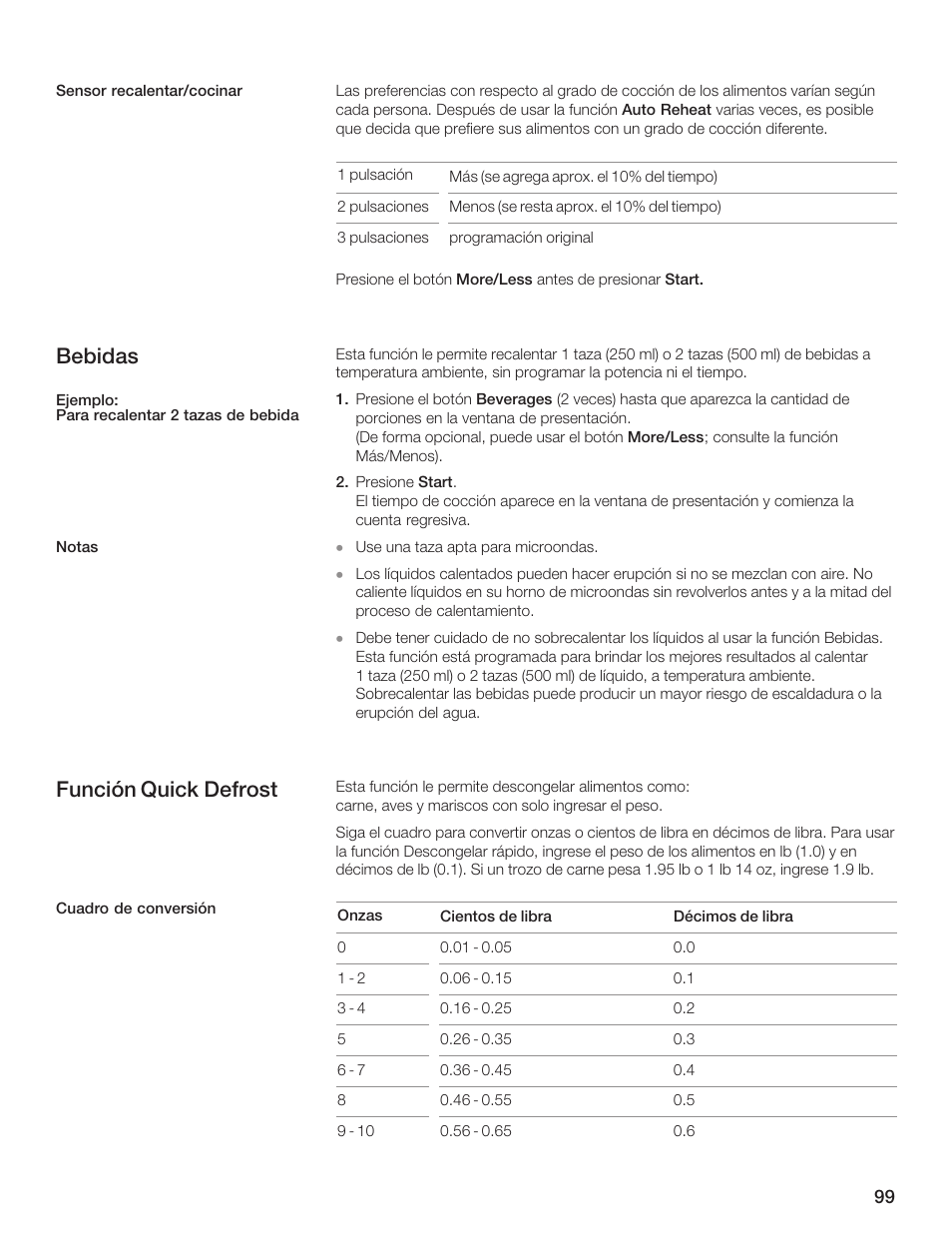 Bebidas, Función quick defrost | Siemens HF35M630 User Manual | Page 99 / 124
