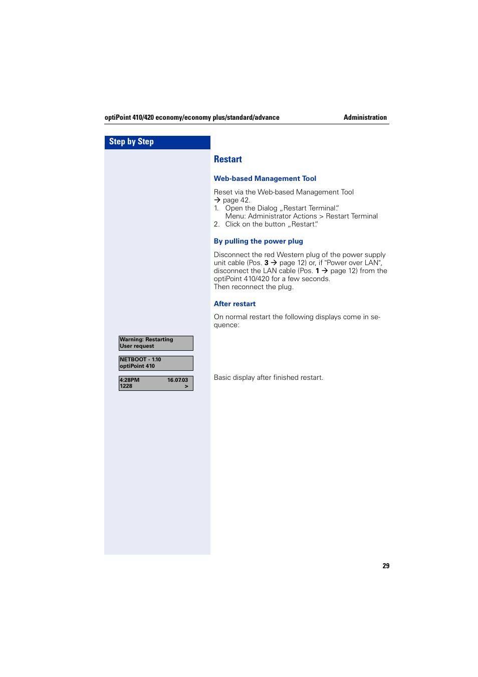 Restart, Step by step | Siemens HiPath 4000 User Manual | Page 29 / 110