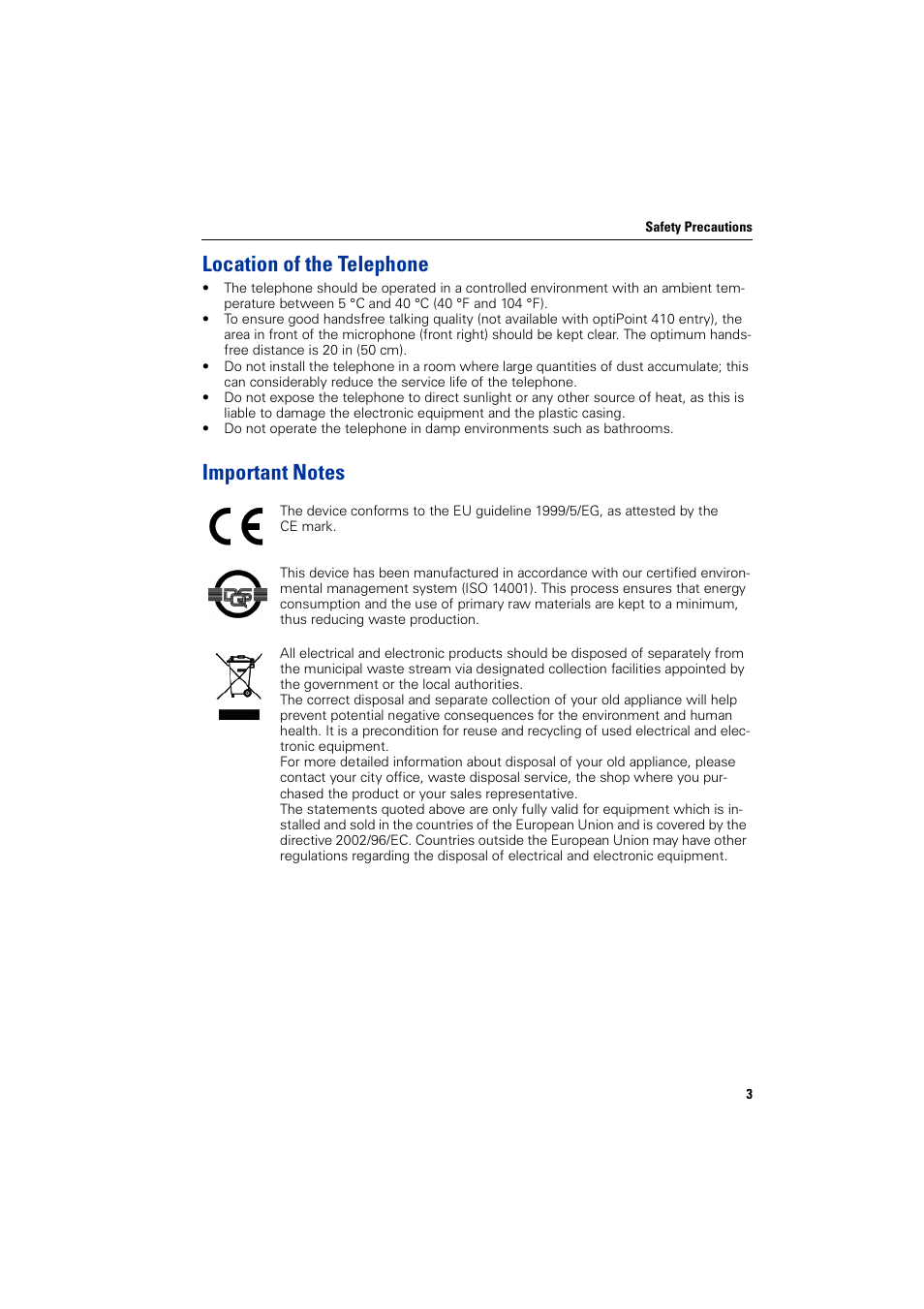 Location of the telephone, Important notes | Siemens HiPath 4000 User Manual | Page 3 / 110