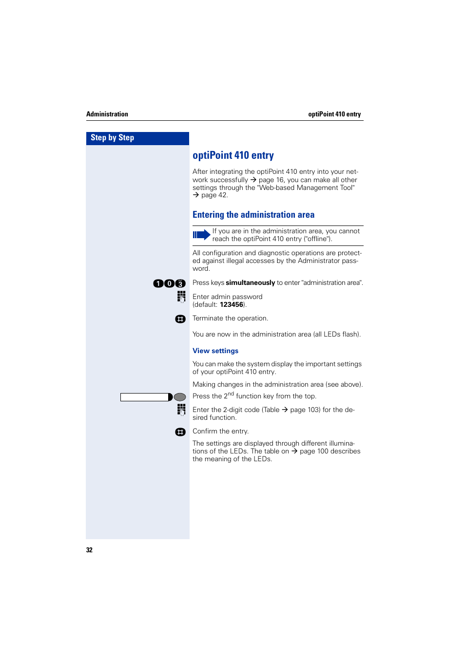 Optipoint410entry, Entering the administration area, Optipoint 410 entry | Siemens HiPath 4000 User Manual | Page 32 / 110