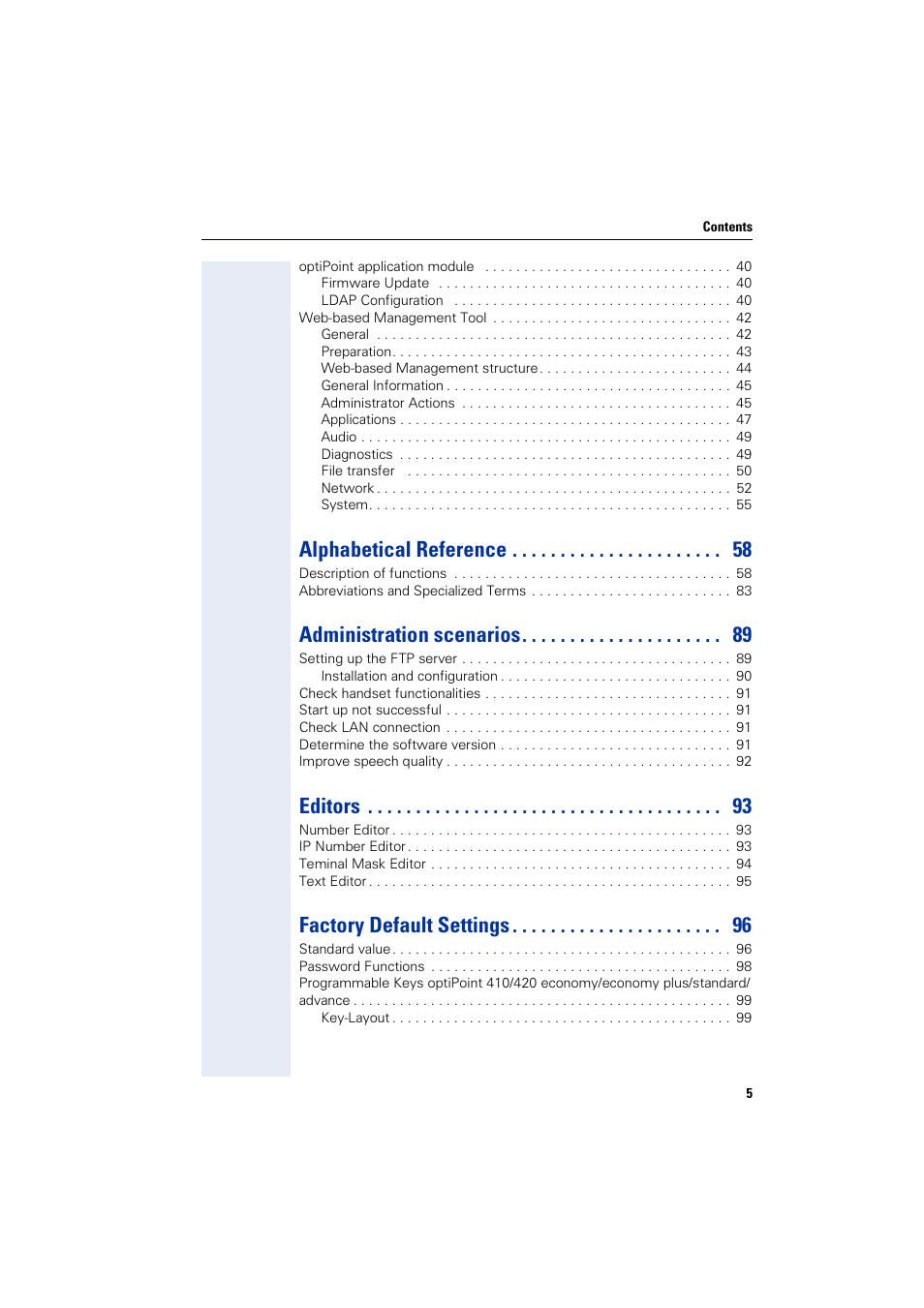 Alphabetical reference, Administration scenarios, Editors | Factory default settings | Siemens HiPath 4000 User Manual | Page 5 / 110