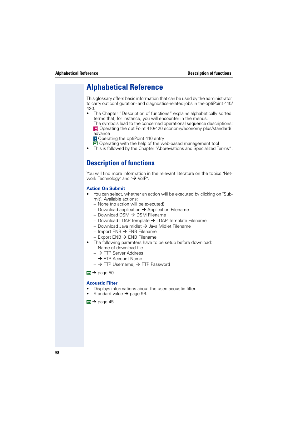 Alphabetical reference, Description of functions | Siemens HiPath 4000 User Manual | Page 58 / 110