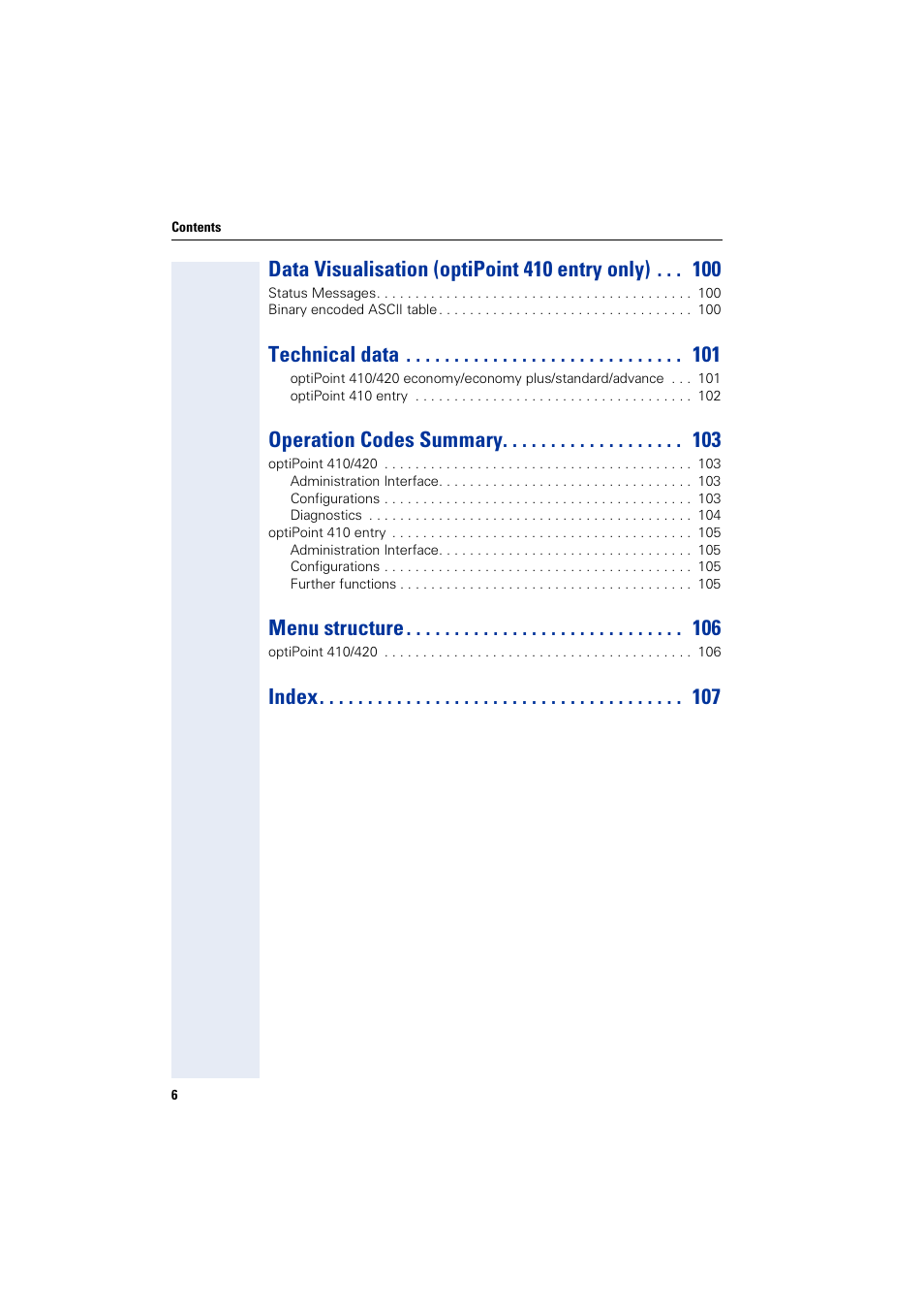 Data visualisation (optipoint 410 entry only), Technical data, Operation codes summary | Menu structure, Index | Siemens HiPath 4000 User Manual | Page 6 / 110