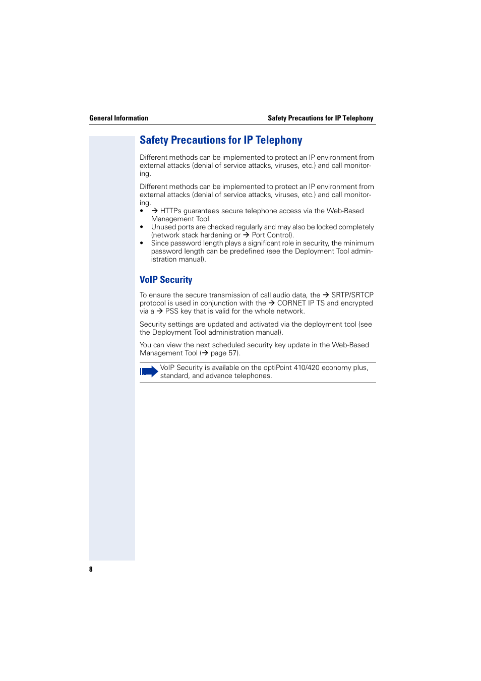 Safety precautions for ip telephony, Voip security | Siemens HiPath 4000 User Manual | Page 8 / 110