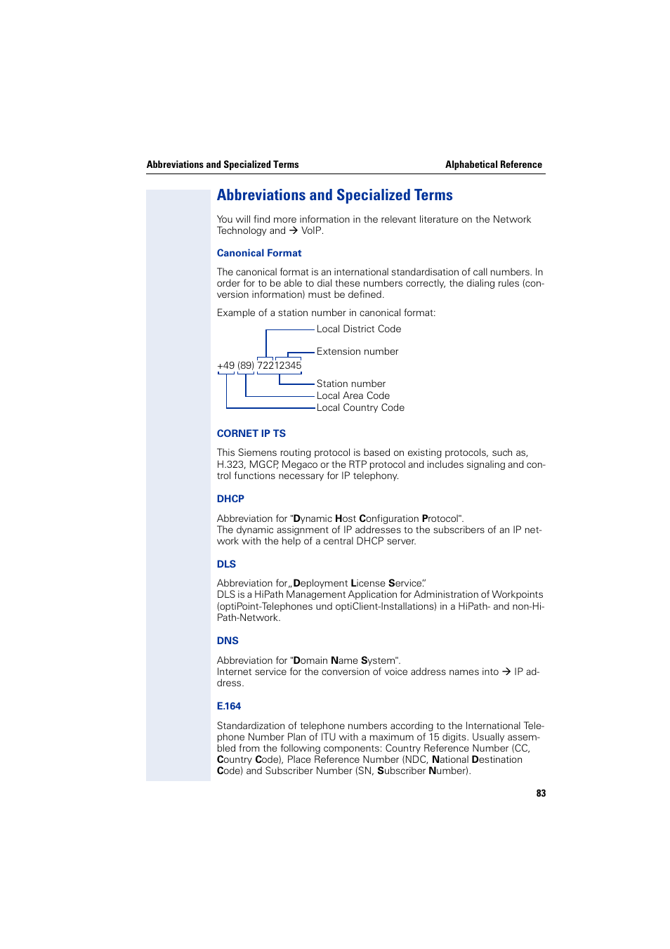 Abbreviations and specialized terms, Æ cornet ip ts an, Æ dhcp se | Æ dhcp, Æ dls, E æ dls-se, Æ dns, Æ dhcp s | Siemens HiPath 4000 User Manual | Page 83 / 110