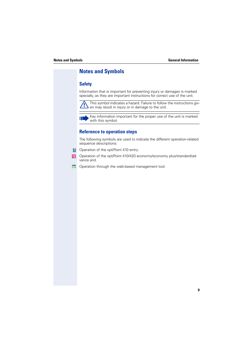 Notes and symbols, Safety, Reference to operation steps | Safety reference to operation steps | Siemens HiPath 4000 User Manual | Page 9 / 110