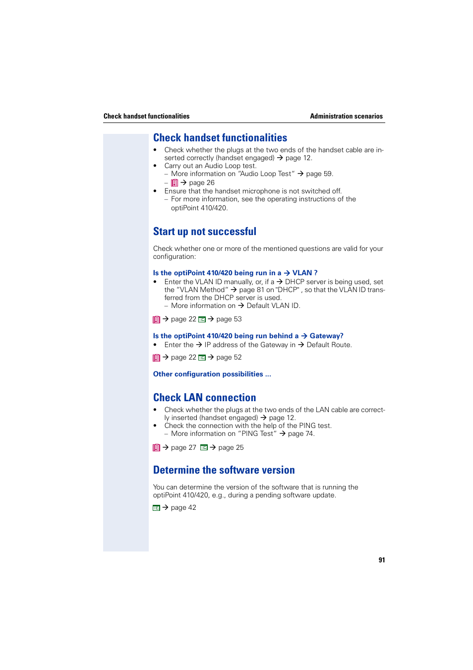 Check handset functionalities, Start up not successful, Check lan connection | Determine the software version | Siemens HiPath 4000 User Manual | Page 91 / 110