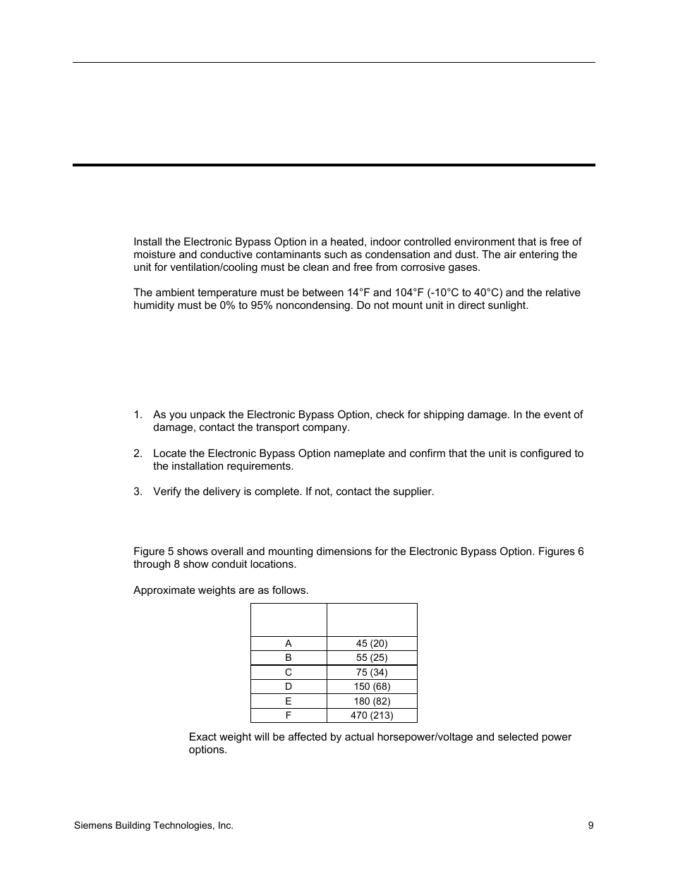 Installation instructions, Environmental conditions, Mechanical installation | Inspection, Dimensions and weights | Siemens SED2 VFD Electronic Bypass Option 125-3208 User Manual | Page 17 / 64