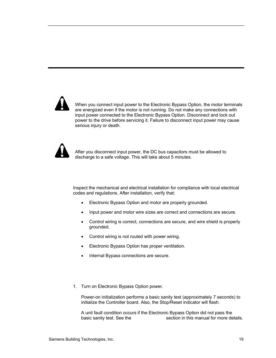 Startup procedures, Safety precautions, Installation inspection | Power-on | Siemens SED2 VFD Electronic Bypass Option 125-3208 User Manual | Page 27 / 64
