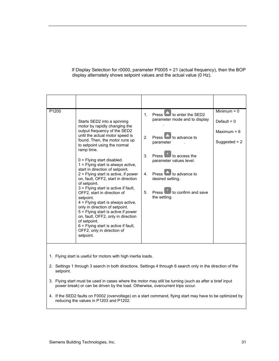 Additional parameter settings, Flying start | Siemens SED2 VFD Electronic Bypass Option 125-3208 User Manual | Page 39 / 64