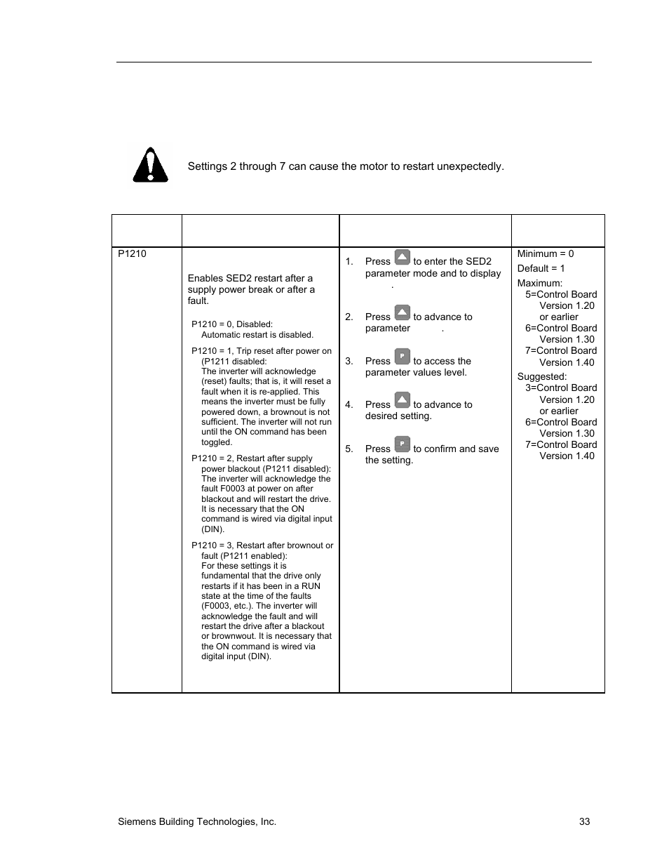 Automatic restart | Siemens SED2 VFD Electronic Bypass Option 125-3208 User Manual | Page 41 / 64