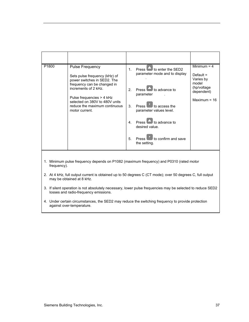 Pulse frequency | Siemens SED2 VFD Electronic Bypass Option 125-3208 User Manual | Page 45 / 64