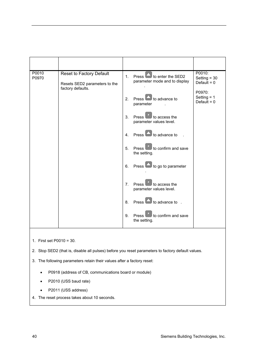 Reset to factory defaults | Siemens SED2 VFD Electronic Bypass Option 125-3208 User Manual | Page 48 / 64