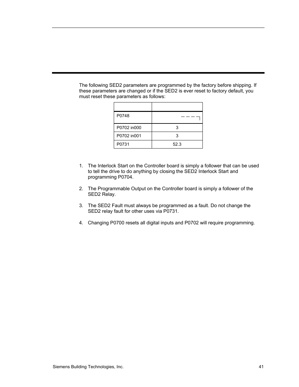 Required sed2 parameter settings | Siemens SED2 VFD Electronic Bypass Option 125-3208 User Manual | Page 49 / 64