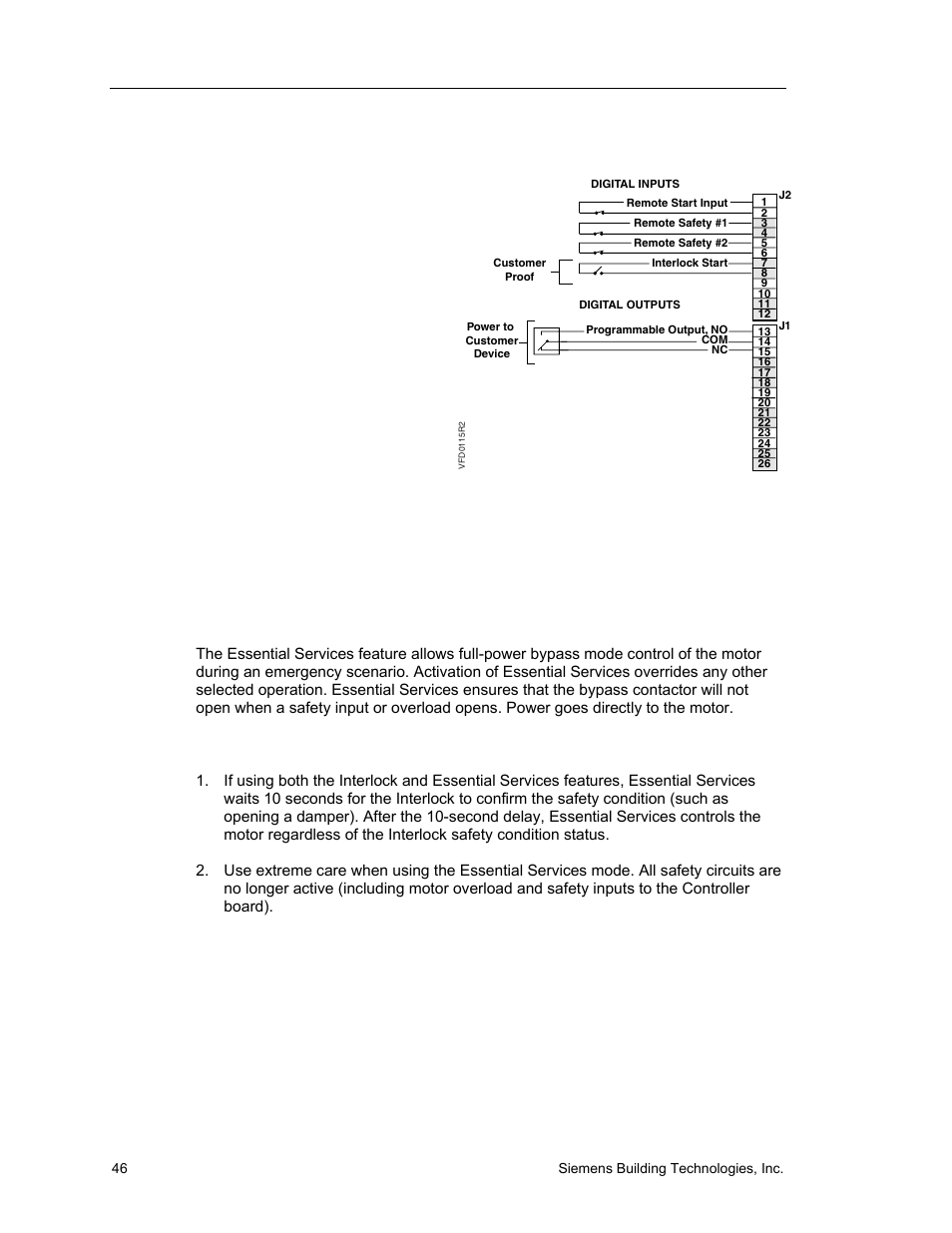 Essential services, Wiring example for interlock, Description | Siemens SED2 VFD Electronic Bypass Option 125-3208 User Manual | Page 54 / 64