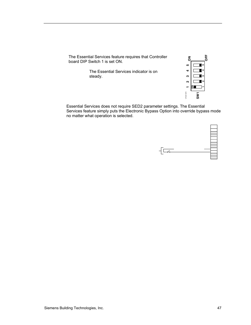 Settings, Wiring example for essential services | Siemens SED2 VFD Electronic Bypass Option 125-3208 User Manual | Page 55 / 64