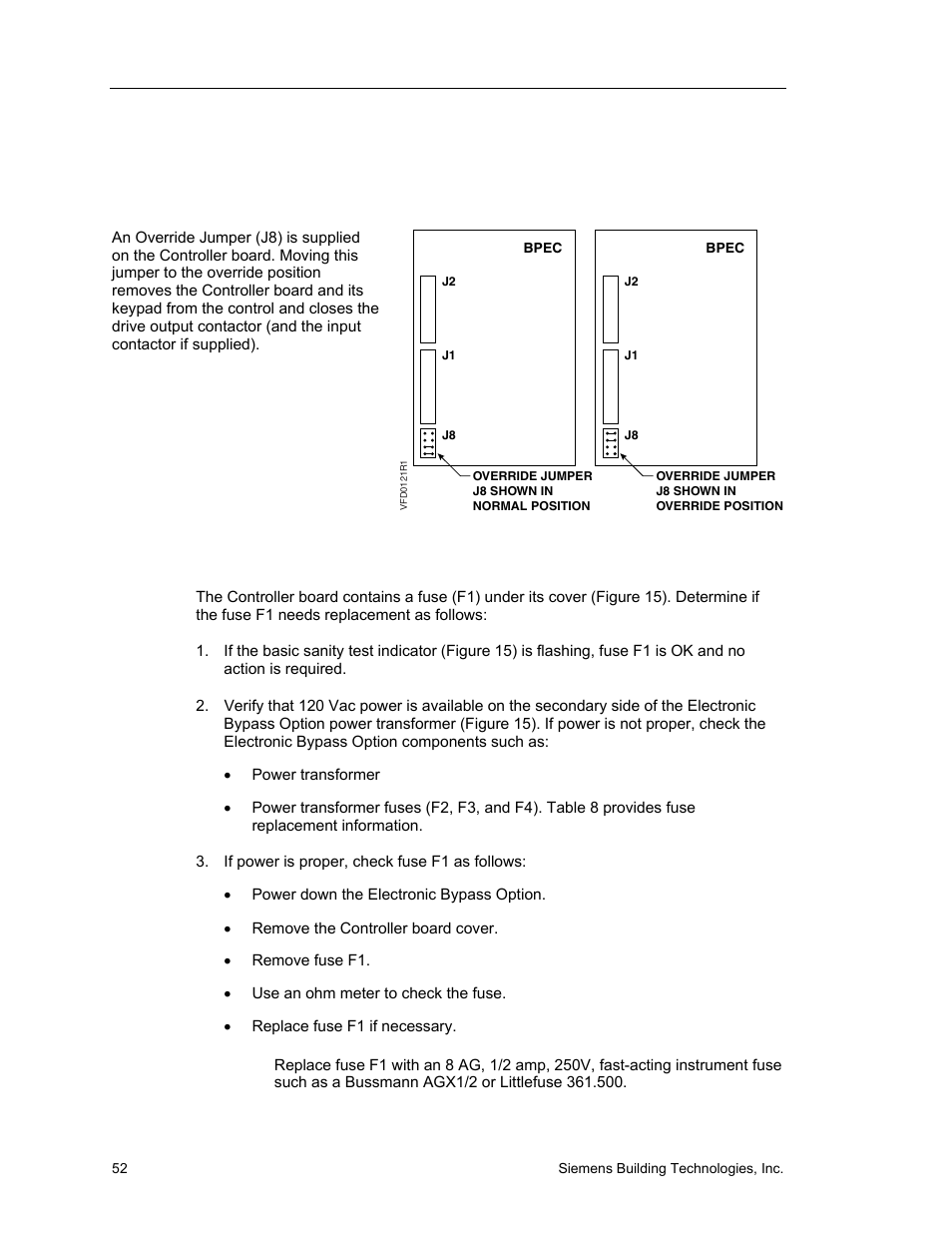 Override jumper, Fuses | Siemens SED2 VFD Electronic Bypass Option 125-3208 User Manual | Page 60 / 64