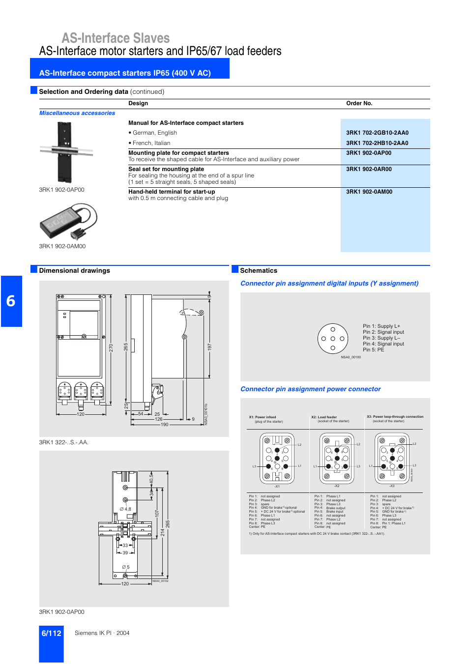 As-interface slaves, Selection and ordering data (continued), Dimensional drawings | Connector pin assignment power connector | Siemens ISI EN 50295 User Manual | Page 112 / 152