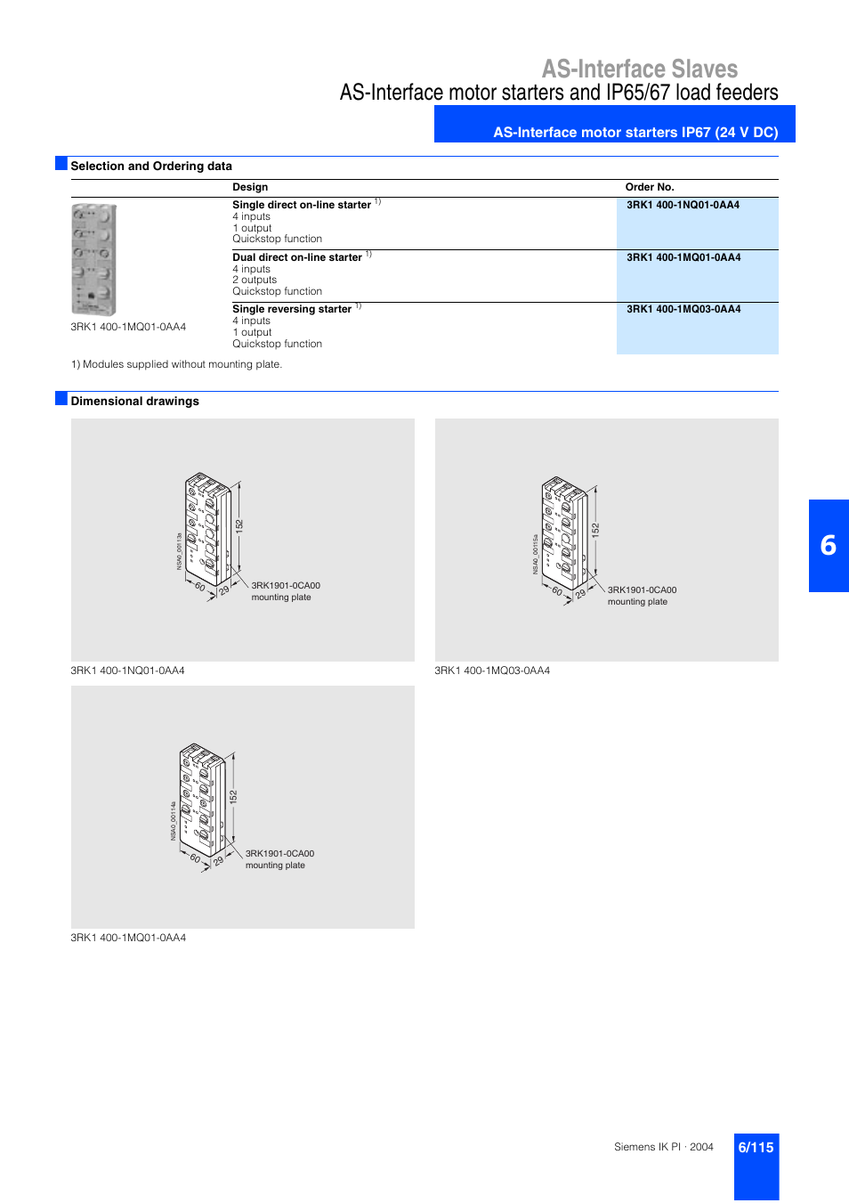 As-interface slaves, As-interface motor starters ip67 (24 v dc) | Siemens ISI EN 50295 User Manual | Page 115 / 152