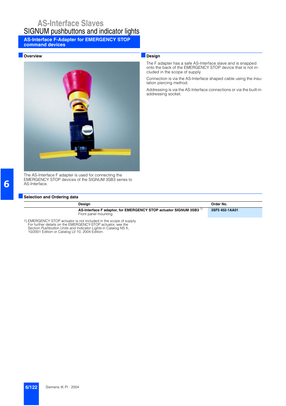 Signum pushbuttons and indicator light, 6/122 signum pushbuttons and, Indicator lights | As-interface slaves, Signum pushbuttons and indicator lights | Siemens ISI EN 50295 User Manual | Page 122 / 152