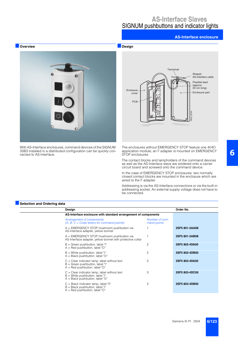 As-interface enclosure, As-interface slaves, Signum pushbuttons and indicator lights | Siemens ISI EN 50295 User Manual | Page 123 / 152
