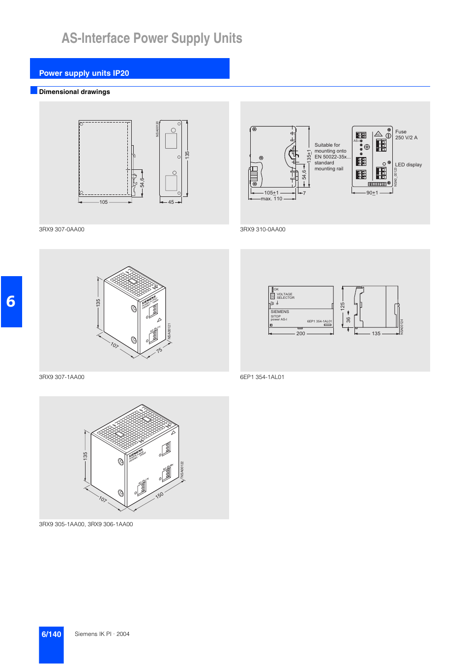 As-interface power supply units, Power supply units ip20, Dimensional drawings | Siemens ISI EN 50295 User Manual | Page 140 / 152