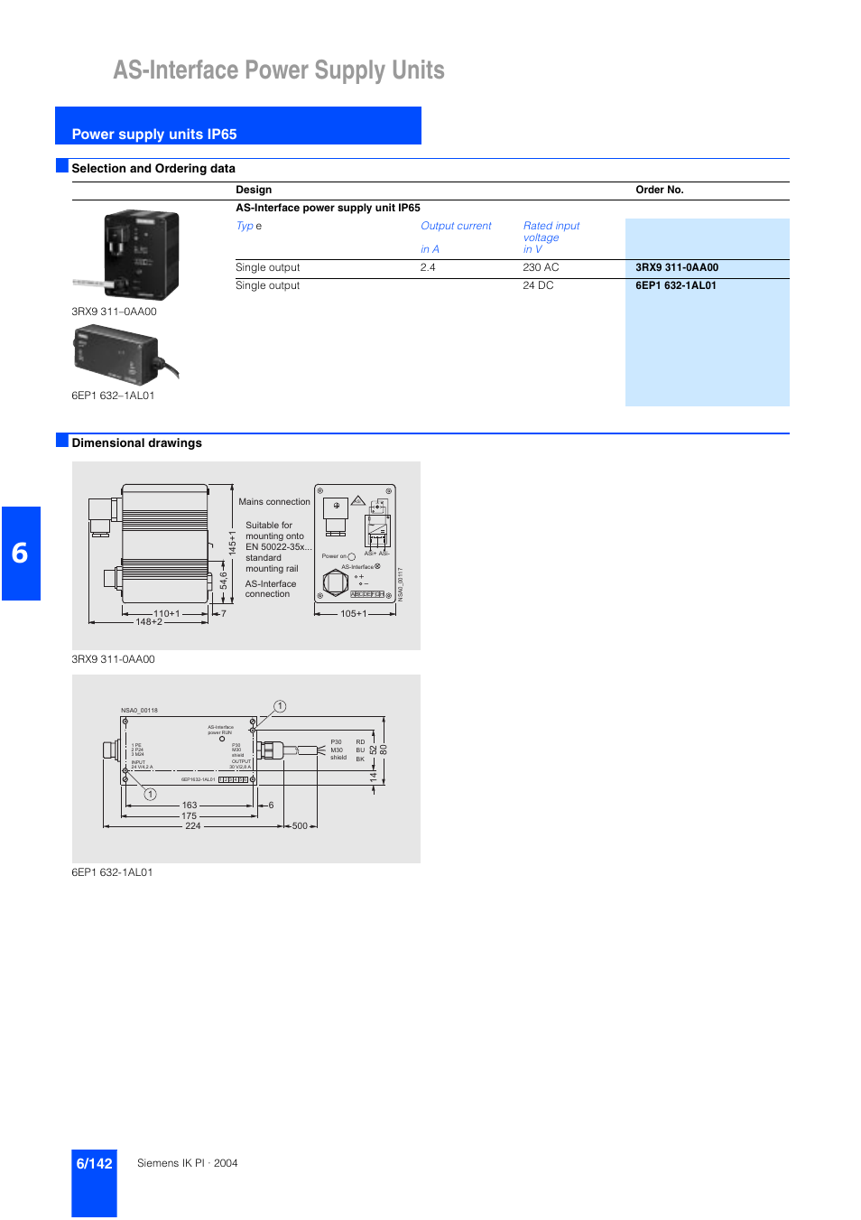 As-interface power supply units, Power supply units ip65, Selection and ordering data | Dimensional drawings | Siemens ISI EN 50295 User Manual | Page 142 / 152