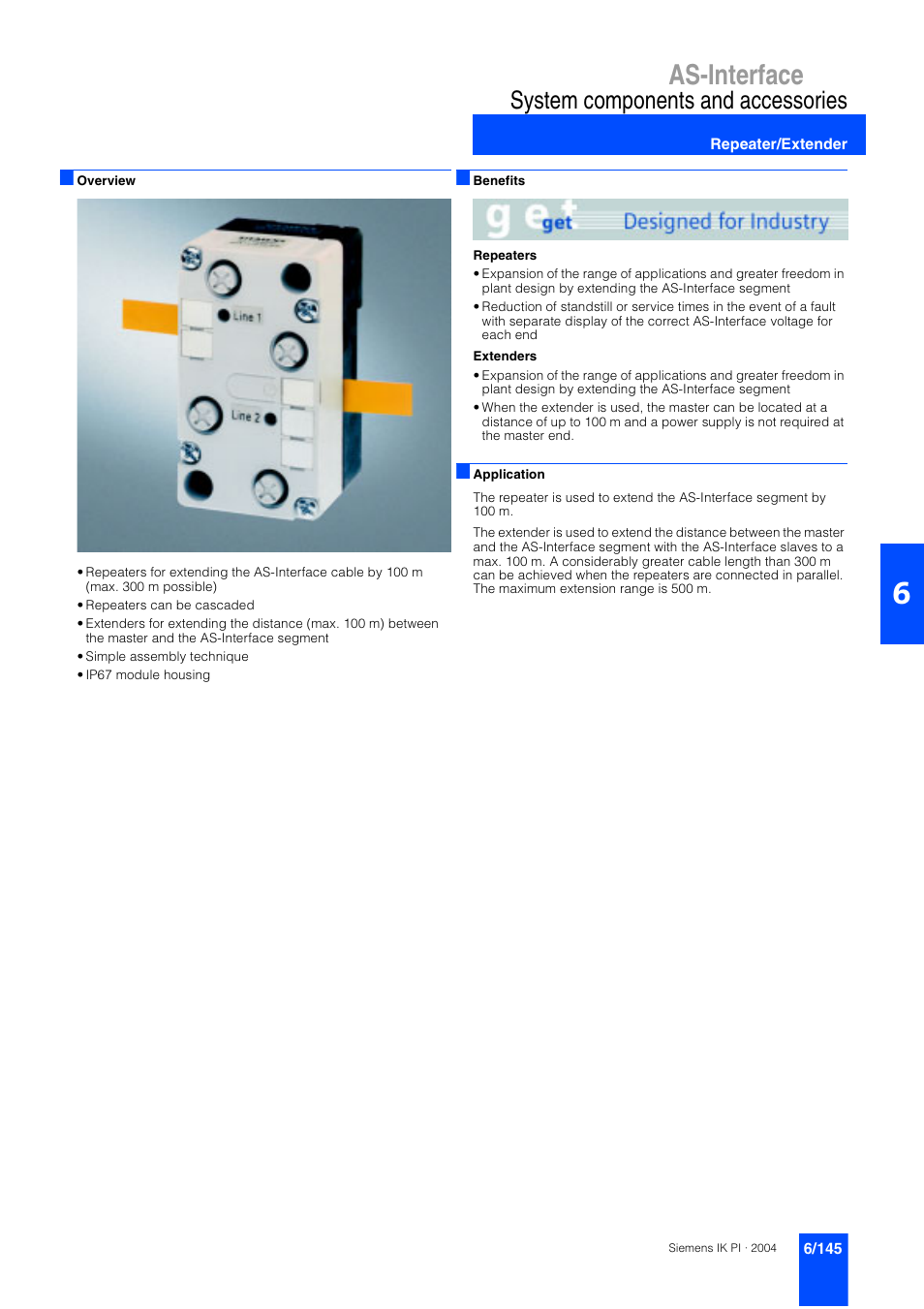 System components and accessories, Repeater/extender, 6/145 system components and accessories 6/145 | As-interface | Siemens ISI EN 50295 User Manual | Page 145 / 152