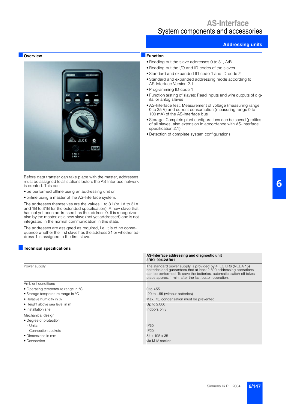 Addressing units, As-interface, System components and accessories | Siemens ISI EN 50295 User Manual | Page 147 / 152