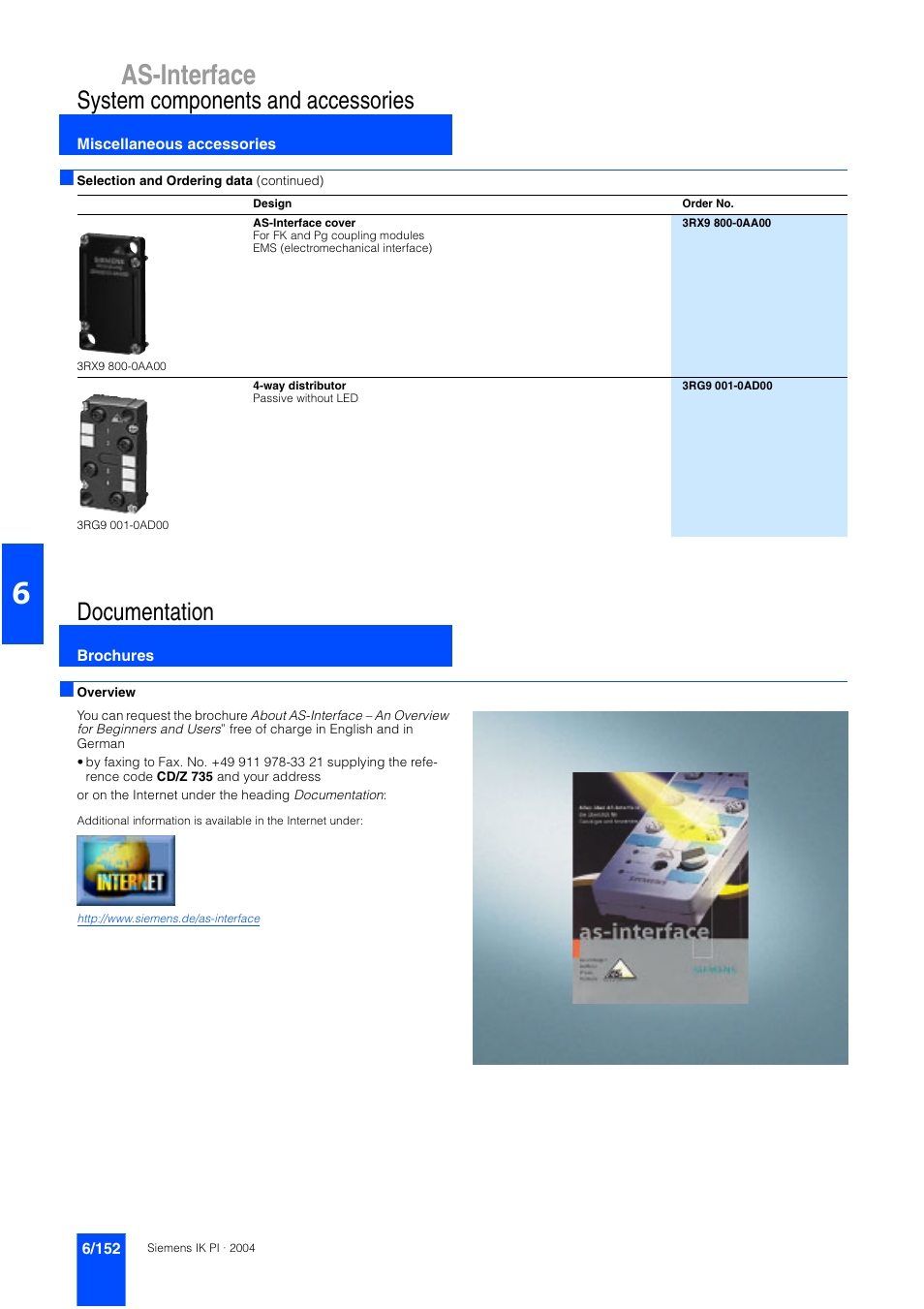Documentation, 6/152 documentation, As-interface | System components and accessories | Siemens ISI EN 50295 User Manual | Page 152 / 152