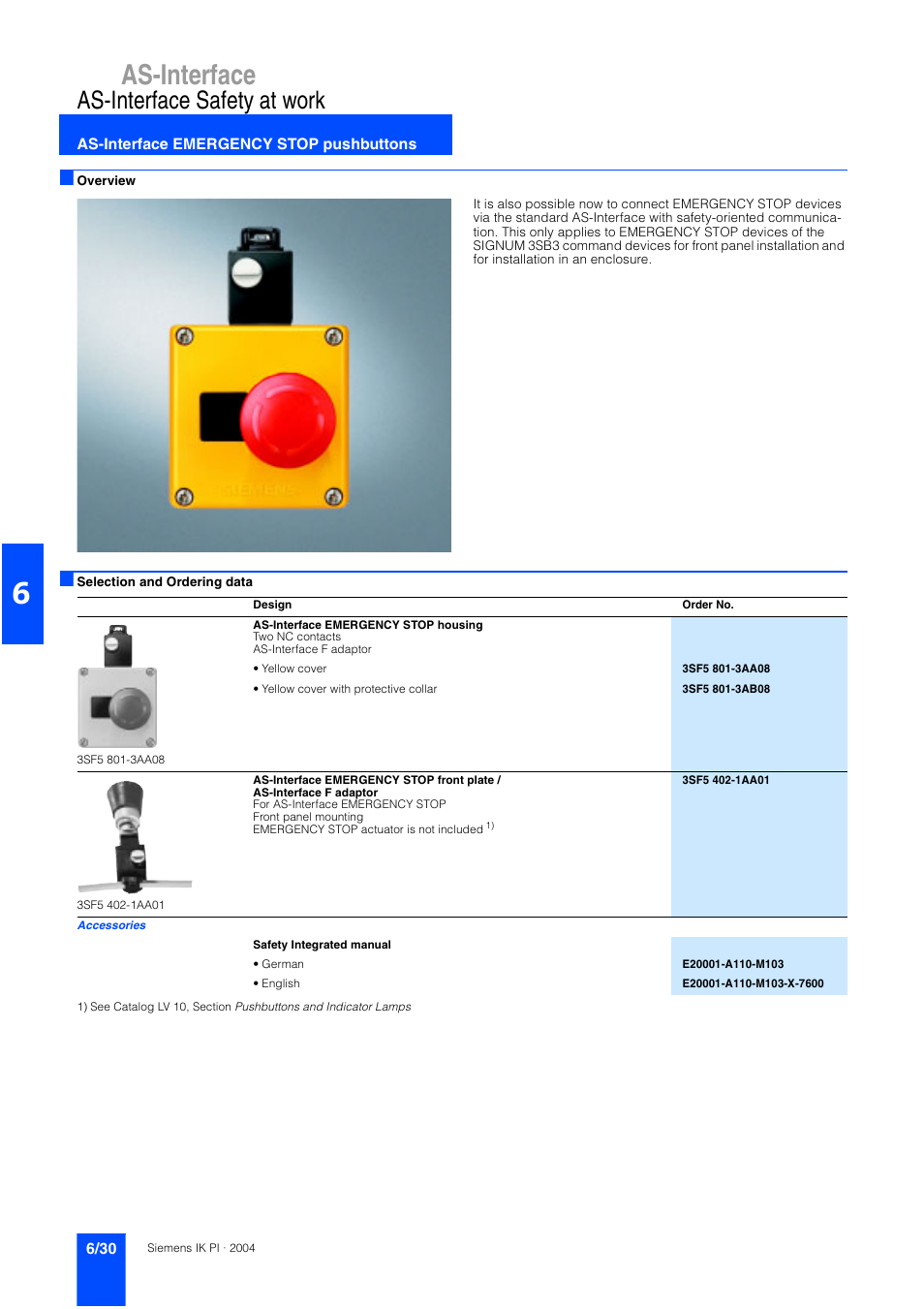 As-interface emergency stop pushbuttons, Accessories, As-interface | As-interface safety at work | Siemens ISI EN 50295 User Manual | Page 30 / 152