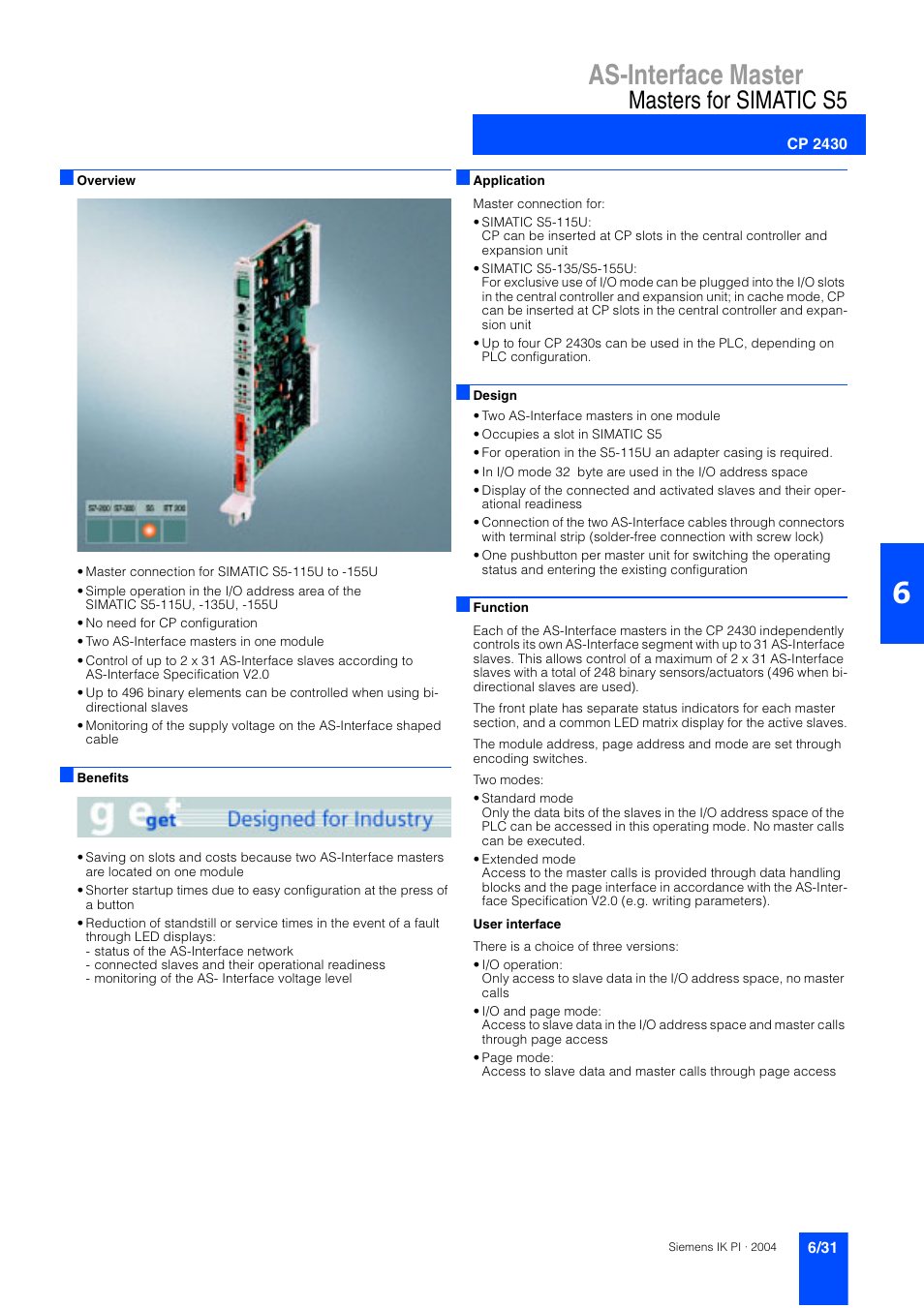 As-interface master, Masters for simatic s5, Cp 2430 | Siemens ISI EN 50295 User Manual | Page 31 / 152