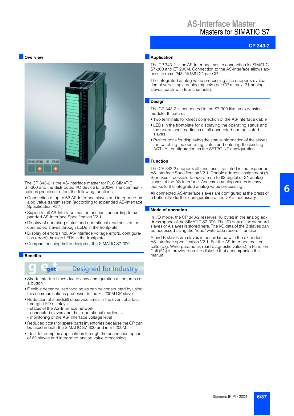 Cp 343-2, As-interface master, Masters for simatic s7 | Siemens ISI EN 50295 User Manual | Page 37 / 152